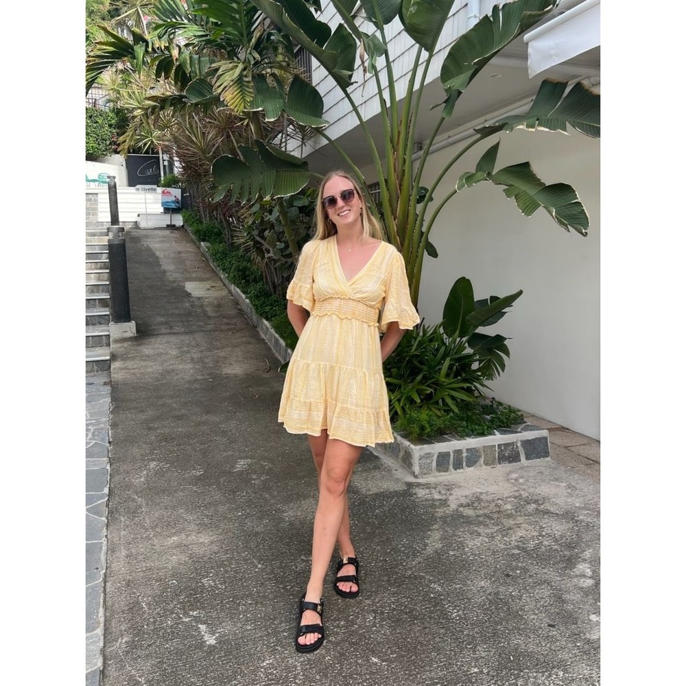 Max Studio‎ Women Babydoll Mini Dress Medium Yellow White Striped Cottage Boho